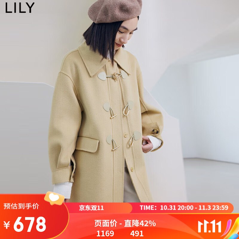 LILY2022冬新款女装舒适全绵羊毛复古牛角扣气质纯色长款毛呢外套 304黄绿 M怎么样,好用不?