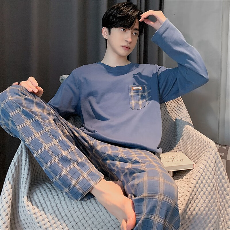 南极人纯色棉质男睡衣男春夏季天士睡衣家居服京东长袖睡裤大码套装xl