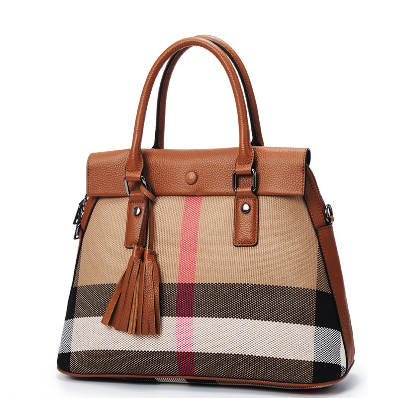 图丁(tending)真皮格子女包包新款通勤大容量托特包休闲手提帆布单肩