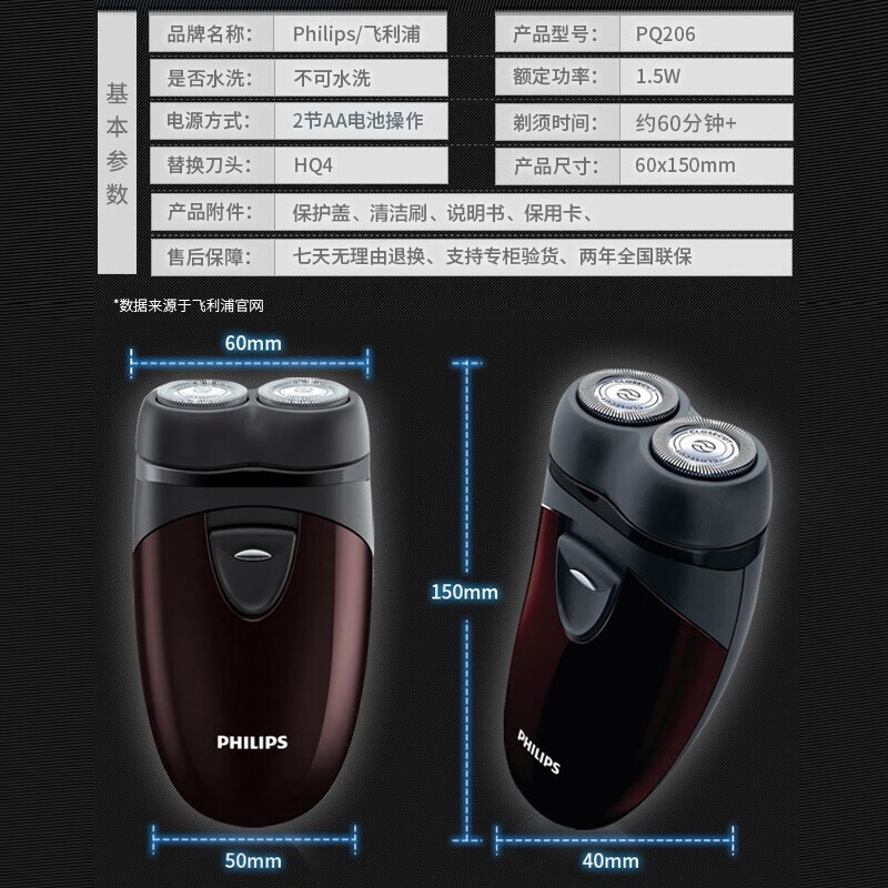 飞利浦（PHILIPS）电动剃须刀 男士干电池便携式 胡须刀 刮胡刀线下同款PQ206/18进口双刀头
