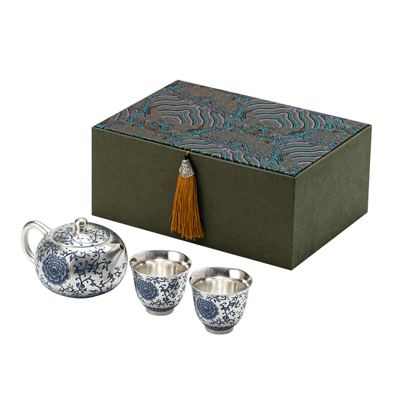 金鑲玉功夫茶具套裝 茶壺茶杯家用送人禮品盒高檔 青花纏枝蓮鎏銀套裝