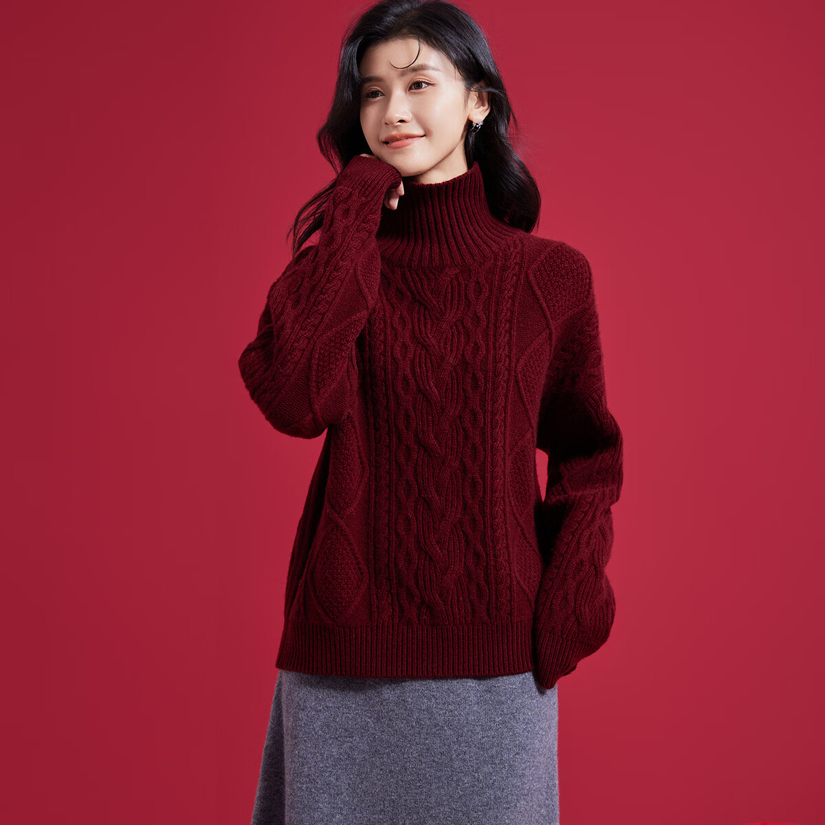 金菊【加厚绵羊毛100%】高领绞花秋冬新款经典毛衣女式羊毛衫 红色 M 