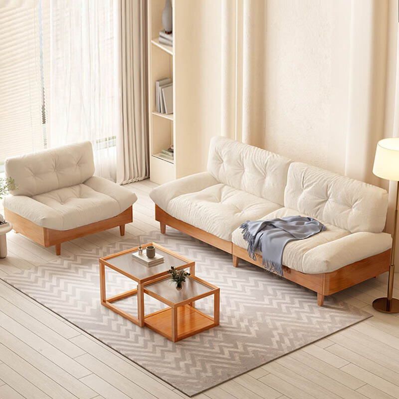 宾迪朗实木沙发冬夏两用布艺软体沙发橡胶木樱桃木侘寂风原木奶油风