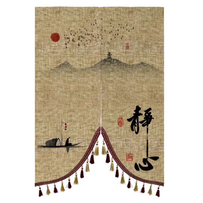 家用客厅卧室装饰布帘玄关隔断帘禅意茶室半帘 01单面图案反面白色