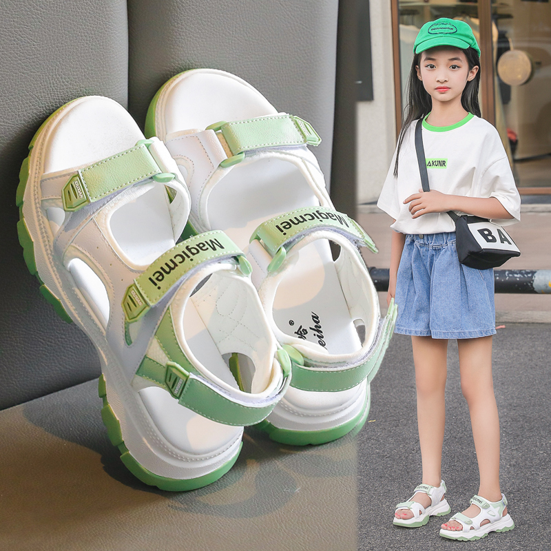 米莱滋（MILAIZI）女童凉鞋2023夏季新款小女孩儿童鞋子小学生运动软底中大童沙滩鞋 草绿色 33码内长20.8cm