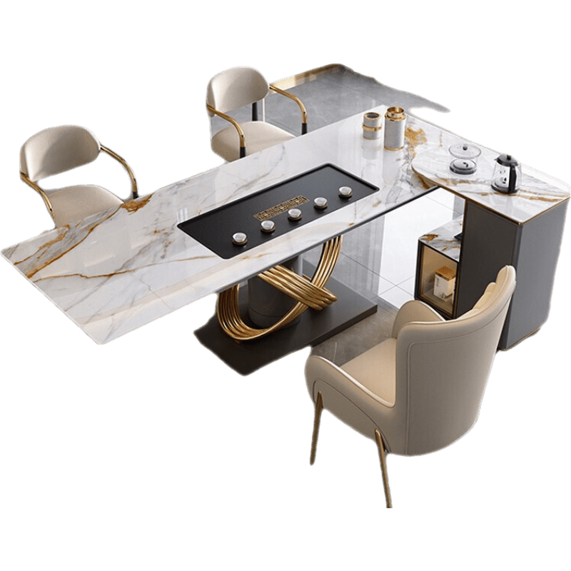 【新品】美得乐 岩板茶桌轻奢茶台 茶桌椅组合套装一体功夫茶桌大板桌多功能茶几茶台功夫泡茶桌 1.8米茶桌+茶车【卡卡金】+主椅*1+宾椅*3 组装