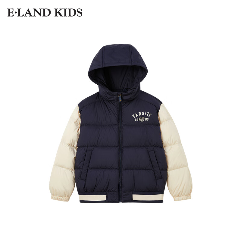 E·LAND KIDS衣恋冬季新品男童徽章刺绣拼色连帽羽绒服 Navy藏青色/59 120 cm