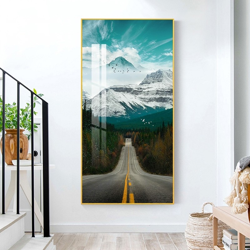 玄幻装饰画 玄关装饰画入门 山水公路瀑布入户玄关装饰画竖版走廊过道