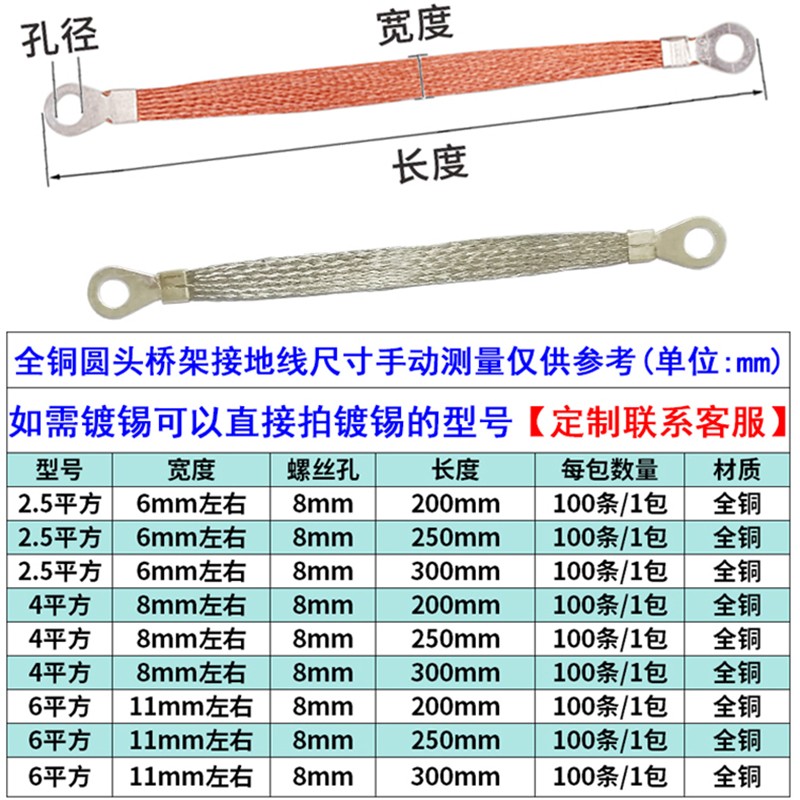 椁俊全铜桥架接地线软铜连接线防雷法兰跨接线铜编织带扁线100条 定做