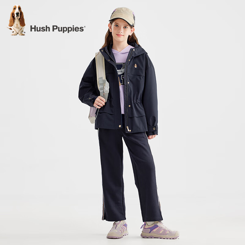 暇步士(Hush Puppies)【轻防护】童装儿童女大童秋季新款舒适三防时尚气质收腰风衣 藏蓝 150 cm
