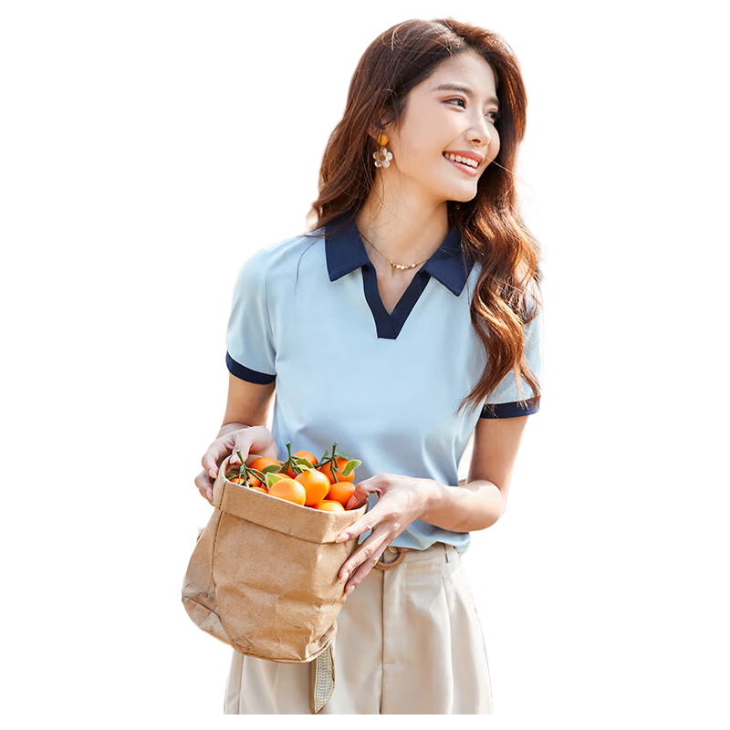 艾路丝婷Polo领短袖T恤女2023年夏季新款时尚洋气时髦拼色体恤03870 粉色 M
