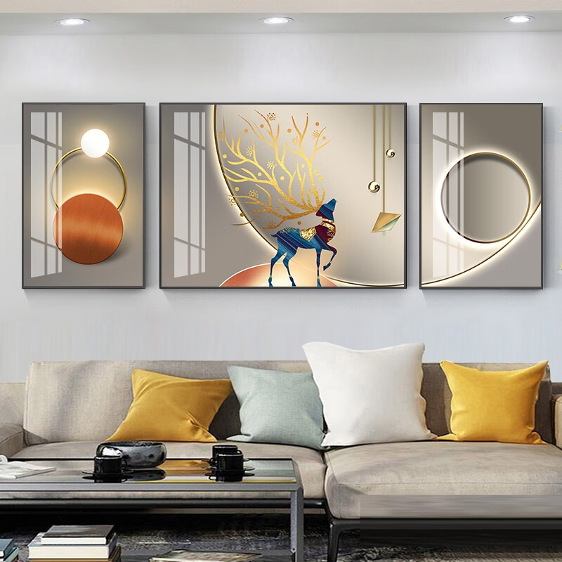 艾舍丽客厅装饰画现代轻奢晶瓷画挂画几何抽象鹿沙发背景墙壁画三联画