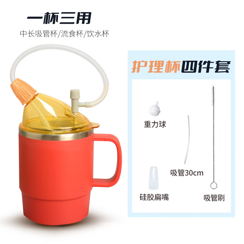 美物德品老人防呛护理杯瘫痪卧床病人喝水杯吸管喝流食杯硅胶喂食器专用杯 护理杯四件套红色500ml