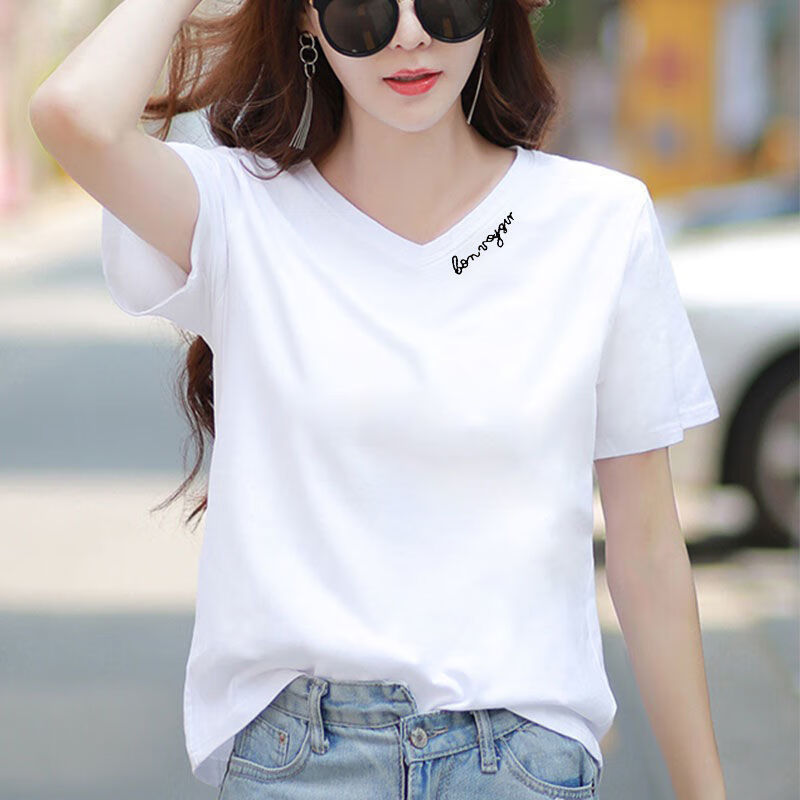 恺吉锐短袖t恤女夏季新款v领显瘦气质女士宽松洋气百搭白色大妈上衣