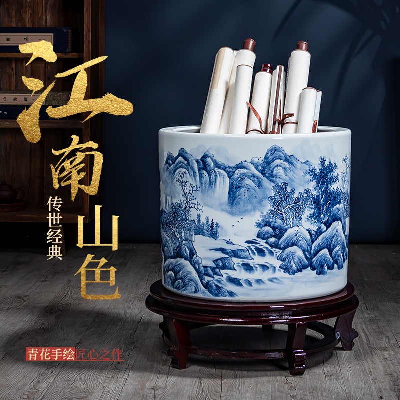 景德镇手绘山水陶瓷器画缸书画桶 新中式客厅花瓶储物罐装饰品 青花瓷