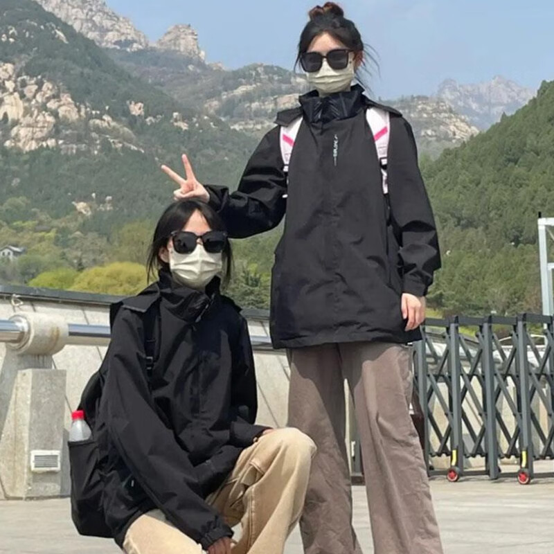 NASA RHUDE户外冲锋衣男女情侣款春秋款单层百搭连帽防风防水可团购夹克外套 女款黑色(单层) L
