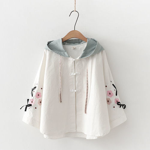 日系森女小清新樱花绑带宽松斗篷外套女春秋古风盘口学生连帽开衫