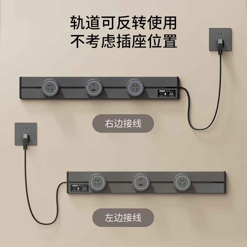 国际电工轨道插座 移动多功能排插明装壁挂式导轨插座 带线电源导轨插排 80厘米+5个五孔+1.5米线