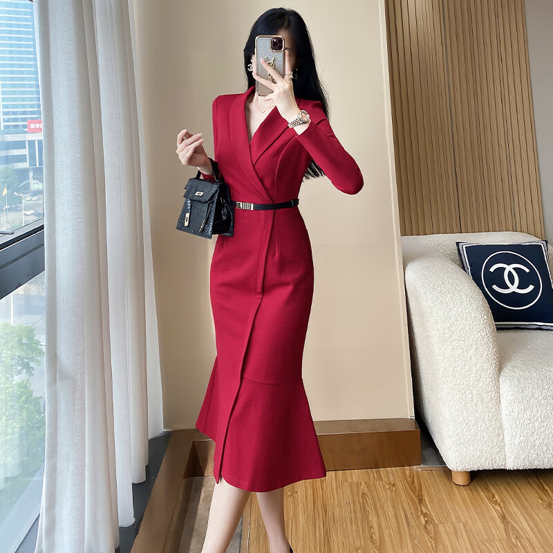 nyig高端职业装女神范连衣裙春秋新款气质干练西装领修身包臀鱼尾长裙