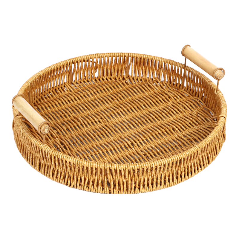 零食盘点心茶点水果篮蛋糕盘藤编托盘家用客厅面包竹编篮子干果盘 编织收纳筐-27.5*4.5cm-1个 1个