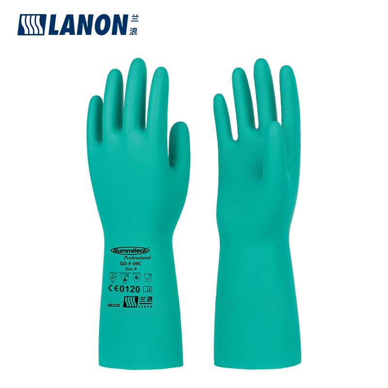 兰浪（LANON）SR110 进口加厚丁腈防化手套植绒耐磨耐酸碱防水实验室劳保防护CE认证 L