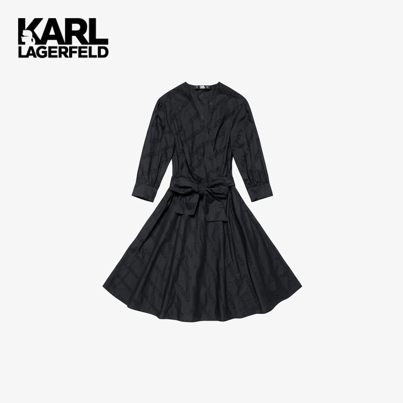 karl lagerfeld卡尔v领长袖裙棉logo刺绣装饰衬衫连衣裙215w1305轻奢