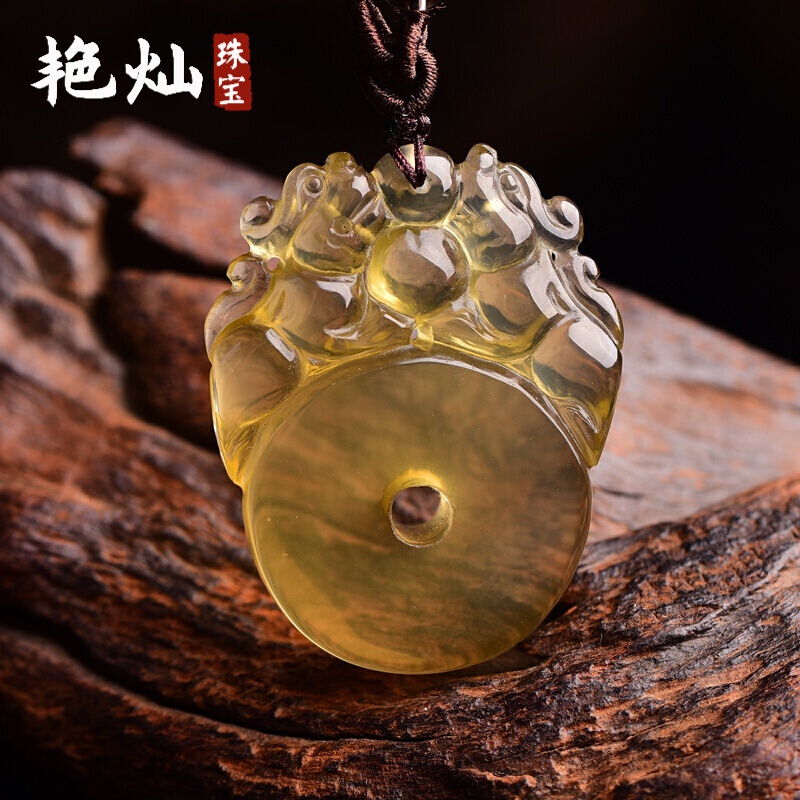 艳灿 双雄开泰饰品男女创意双雄吸财麒麟貔貅吊坠天然黄水晶生日男友