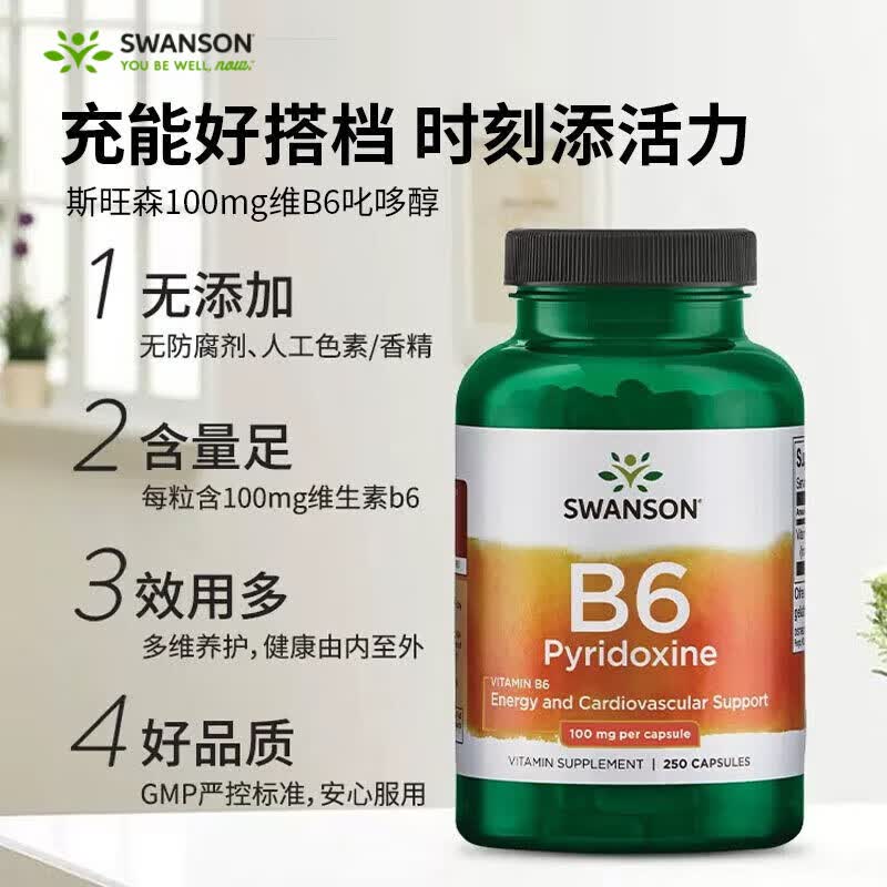 斯旺森(SWANSON)维生素B6营养胶囊 VB族6营养素控油护头皮促进心血管健康 250粒 250粒*1瓶