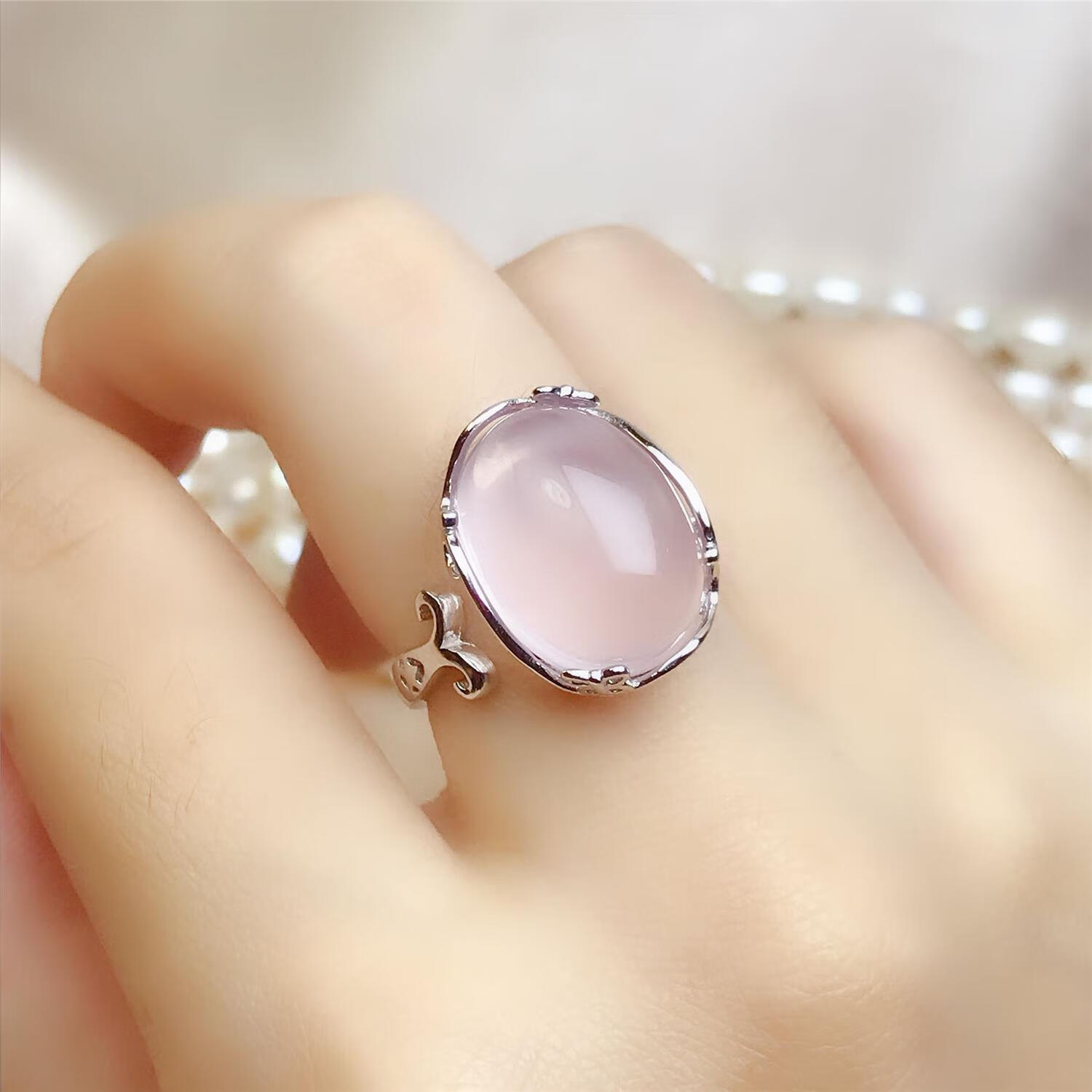 xcl高端品质天然芙蓉石戒指女戒子招桃花s925纯银椭圆冰种今年流行款