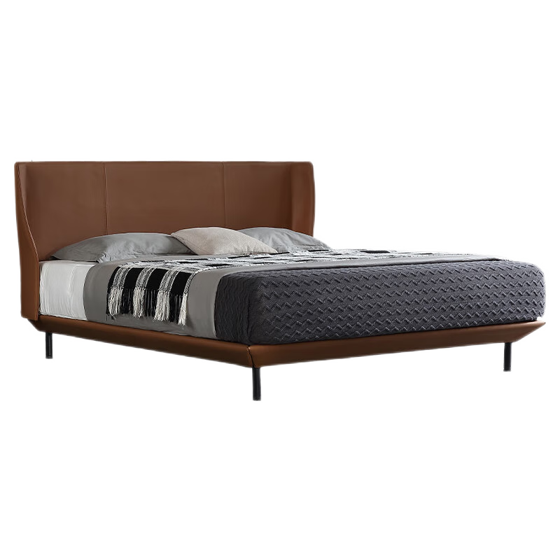 【七夕礼遇季】简奢表情 意式轻奢真皮床主卧豪华大床200×220薄床头齐边极简床现代简约 单床(摔纹皮) 1500mm*2000mm 支架结构