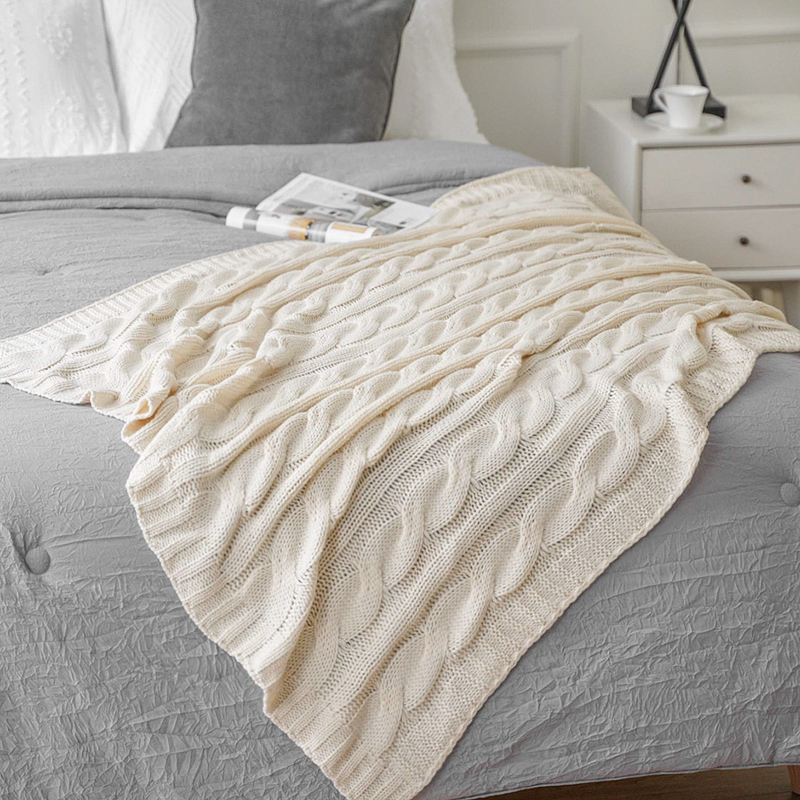 OLIVER TEXTILES北欧ins针织毯沙发盖毯休闲毯子酒店民宿床尾毯搭巾纯色毛线毯子 米色 127x152cm