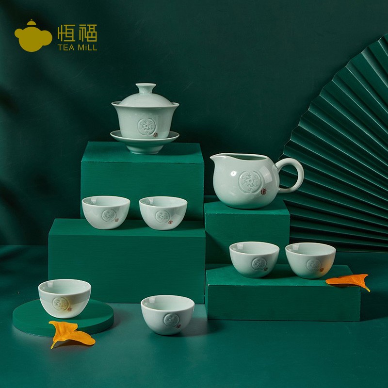 恒福 哥窑功夫整套茶具茶海盖碗品茗杯套组八件套 一盖碗一海六杯青釉