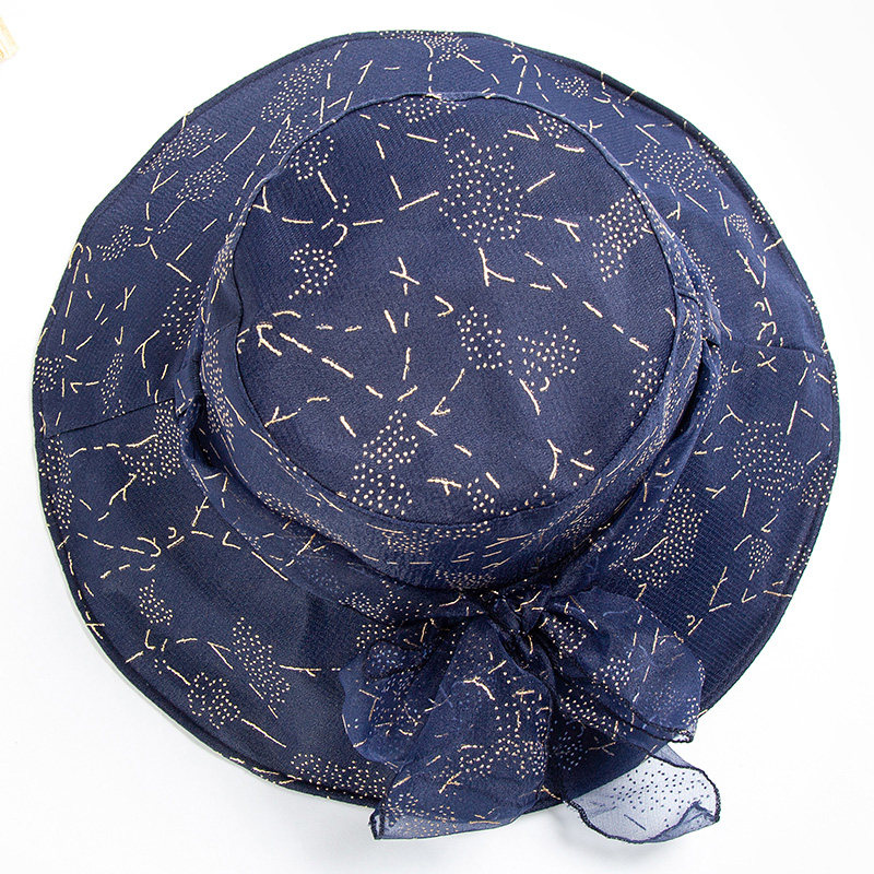 达芬奇密码 时尚欧根纱太阳帽女夏季遮脸防晒帽子适合圆脸薄遮阳帽 藏蓝 蝴蝶结 均码57cm