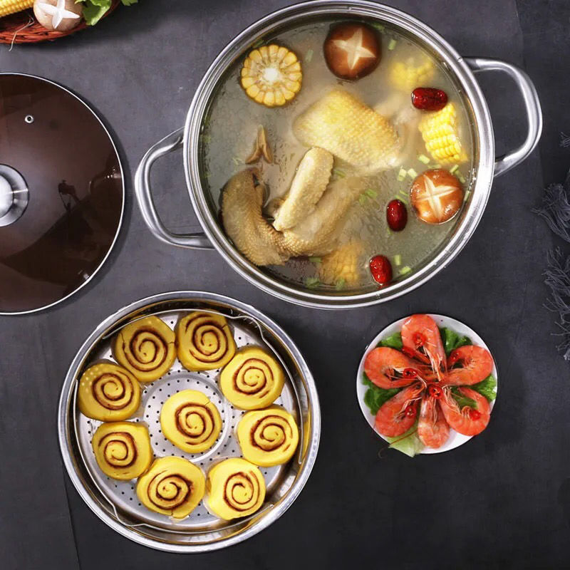 【现货现发】不锈钢加高汤锅家用大容量煲汤锅复合底煮粥锅 304(加厚款)高汤锅 22cm