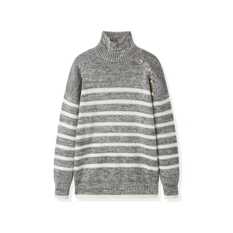 太平鸟女装无缝一体假两件拼色软糯半高领毛衣经典条纹针织衫合集 灰色条纹经典针织衫 M