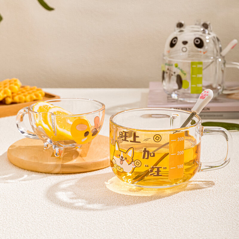 乐唯诗（LOVWISH）卡通玻璃早餐杯牛奶麦片饮料水杯一盖两用 熊猫【水杯350ml+杯盖150ML】