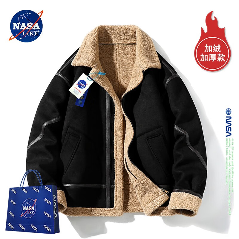 NASA LIKE官方潮牌棉服冬季复古翻领羊羔毛外套加绒加厚款棉服外套百搭棉衣 黑色 3XL（建议175-200斤）