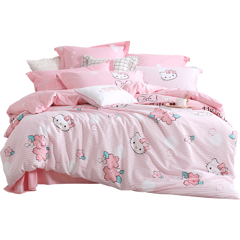 水星家纺 儿童床上四件套纯棉 全棉卡通套件床单被罩被套公主风可爱  双人1.5米床 樱花KT