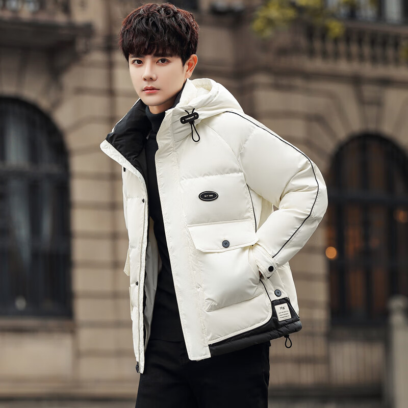 以纯(yishion)冬季羽绒服男连帽短款潮帅气宽松加厚白鸭绒保暖 米白 m