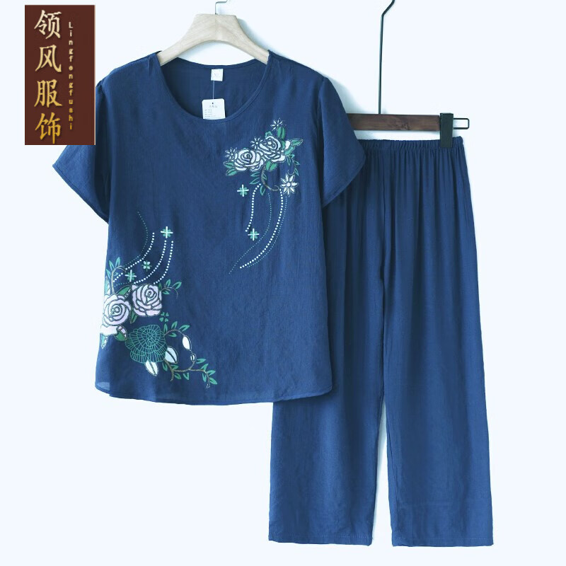 中老年女装夏季套装妈妈装短袖T恤裤子两件套装老人奶奶衣服 牛仔蓝 2XL建议105-120