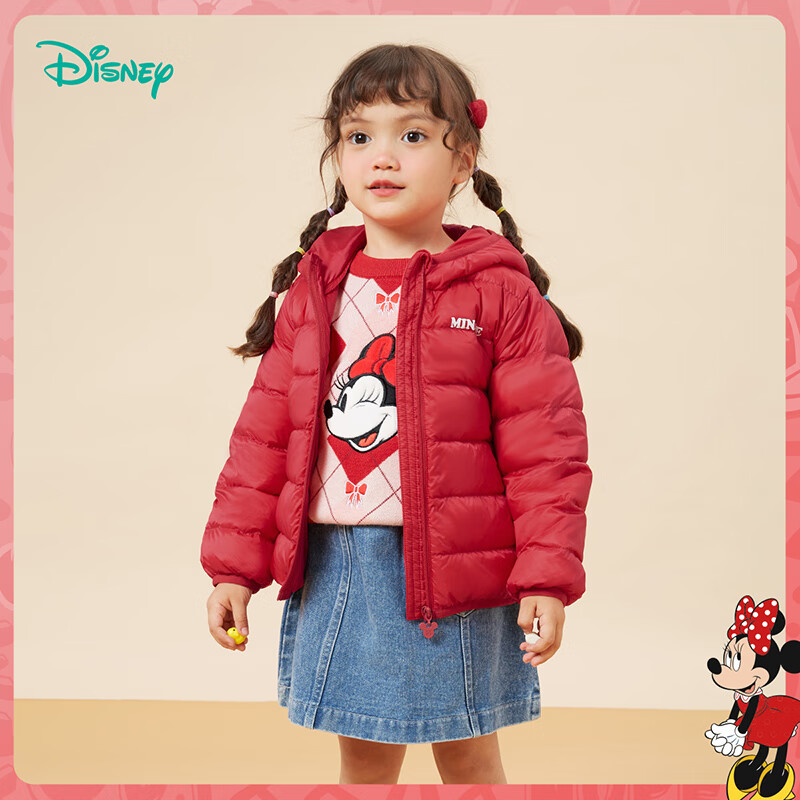 迪士尼宝宝童装男女儿童轻薄常规羽绒服时尚休闲保暖舒适外套24年秋冬季新款 234S1845红色 100