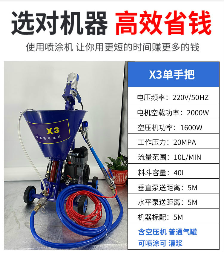 x防水涂料喷涂机聚氨酯js冷底油喷水泥浆大功率腻子防火小型 x3整机带