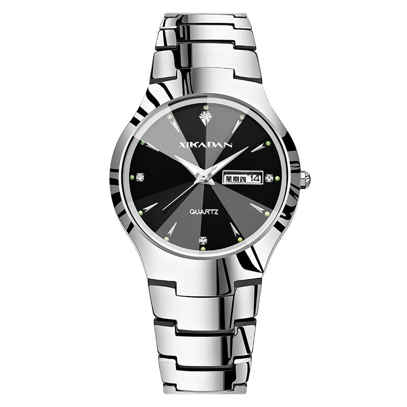 boshidun手表男钨钢情侣手表一对防水石英表男女表双日历男士手表女士