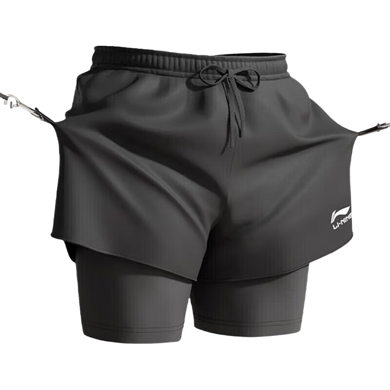 李宁（LI-NING）运动短裤男透气薄款宽松休闲户外速干跑步健身冰丝假两件五分裤