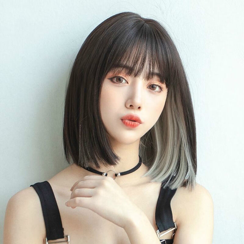 假发女短发网红挂耳染锁骨发仿真人发丝自然少女发套yhf 黑棕挑染白茶