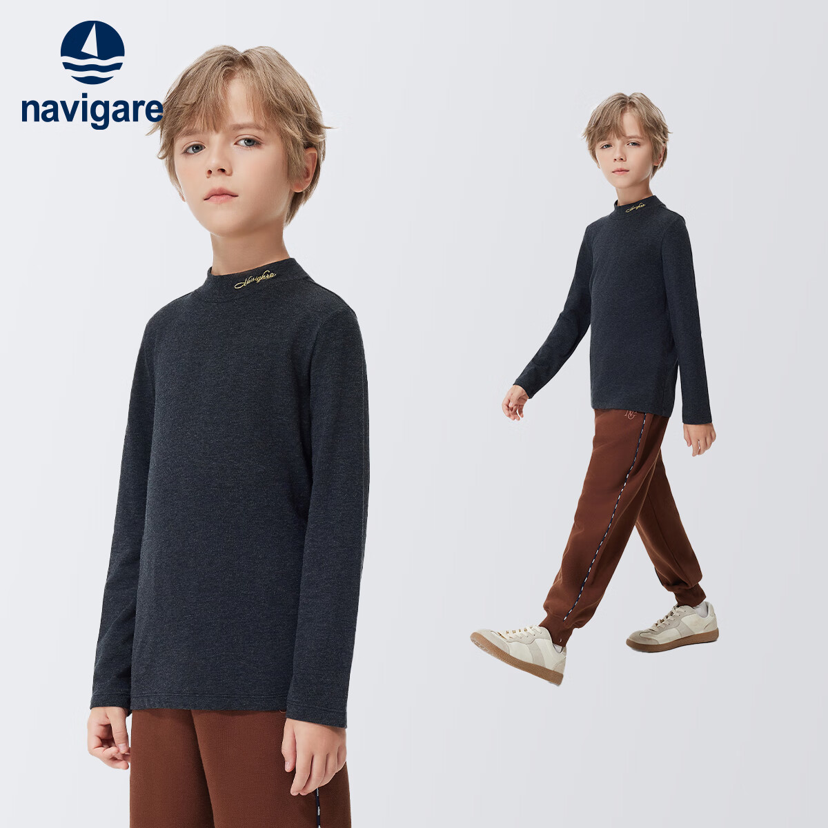 NAVIGARE童装儿童打底衫男童半高领打底女童长袖T恤学生舒适衣服 半高打底麻灰 160
