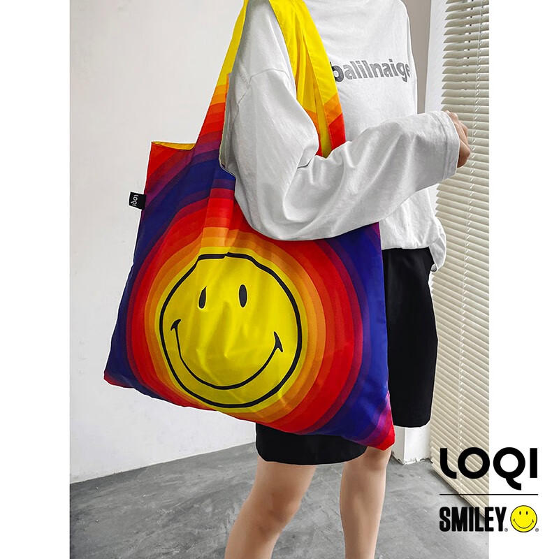 LOQI&smiley笑脸50周年纪念款艺术涂鸦环保包折叠购物袋轻便旅行包袋 彩虹笑脸