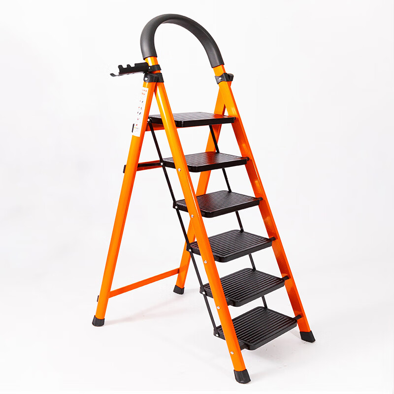 豫之扬梯子家用折叠伸缩多功能人字梯不锈钢加厚楼梯乔迁步梯室内小爬梯 黑橙拼色【六步梯】