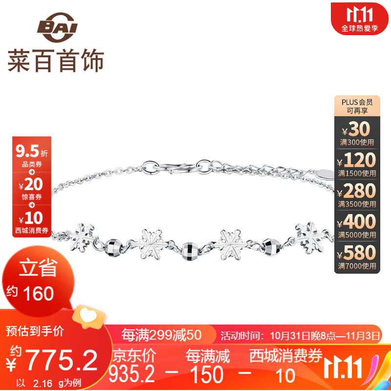 菜百首饰 铂金手链 铂金Pt950雪花手链 时尚简约女士款  计价 BJ 铂金手链 约2.38g 约16cm使用感如何?