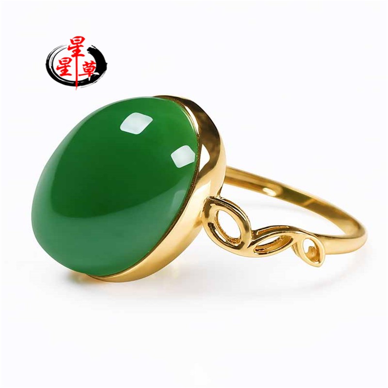 星星草和田玉18k金镶碧玉戒指玉石玉器指环金镶玉手饰女款戒子自戴